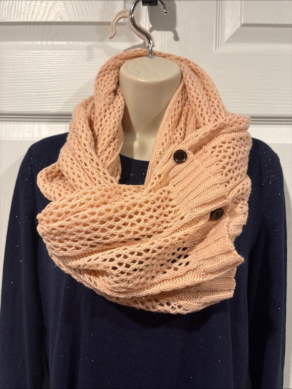 Peach Knit Infinity Scarf with Button Detail